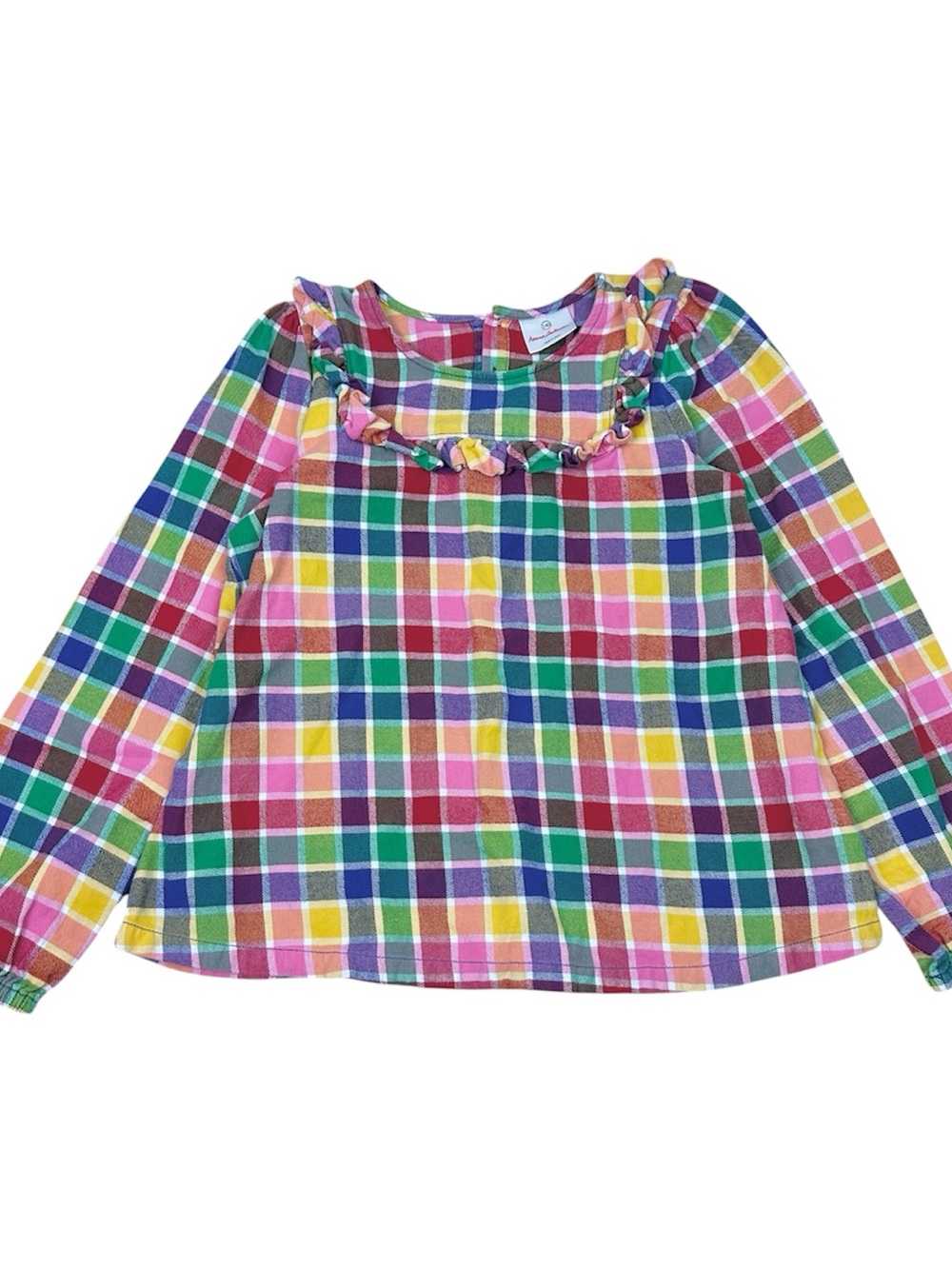 Hanna Andersson Girls Multi-Color Plaid Ruffle Neck Long Sleeve Top